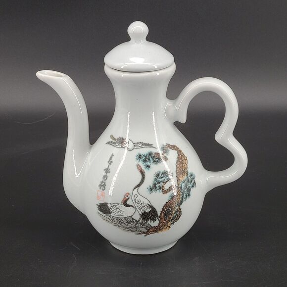 Vintage Porcelain Sake Teapot Red Crowned Cranes Light Blue - Picture 1 of 6